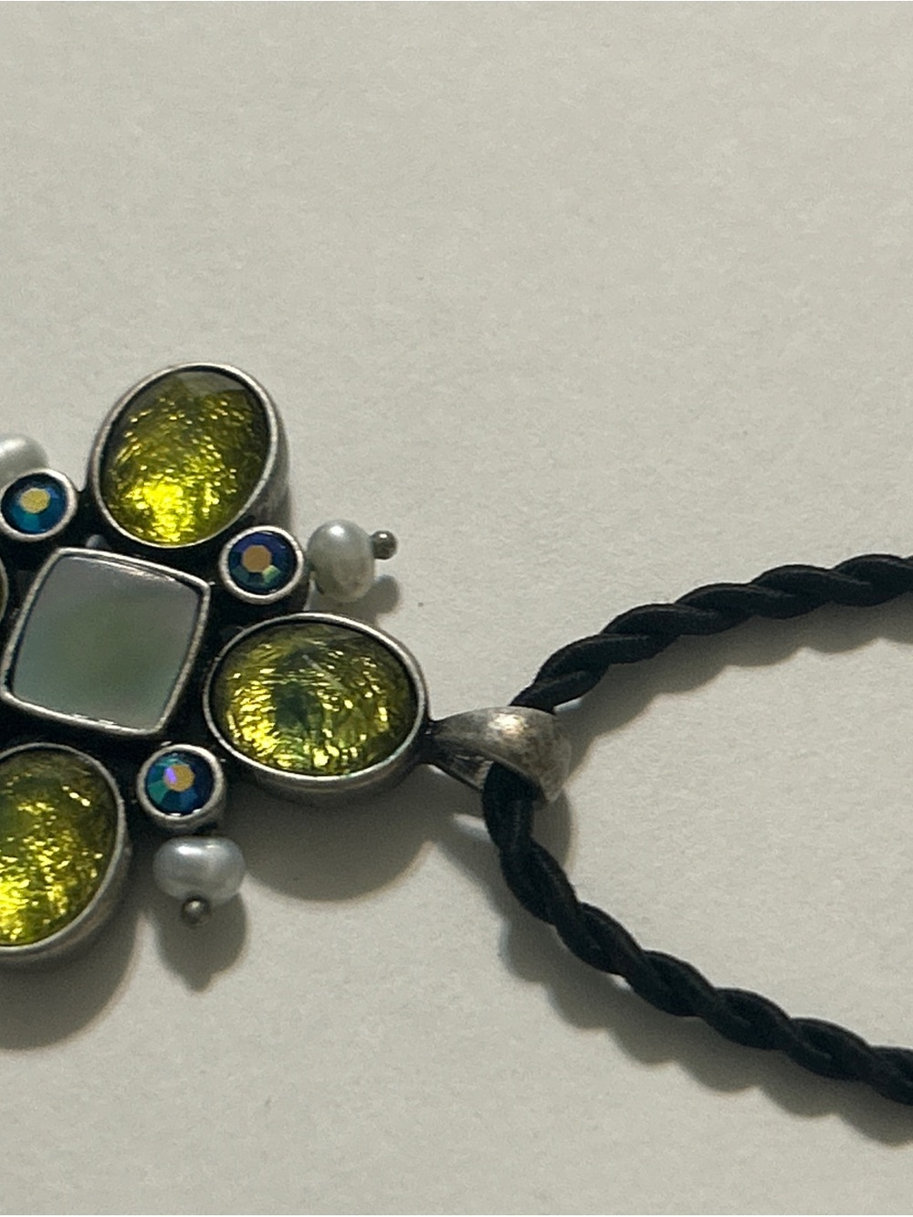 Lia Sophia Retired Green Glass Rhinestone Pearl Floral Pendant Cord Necklace